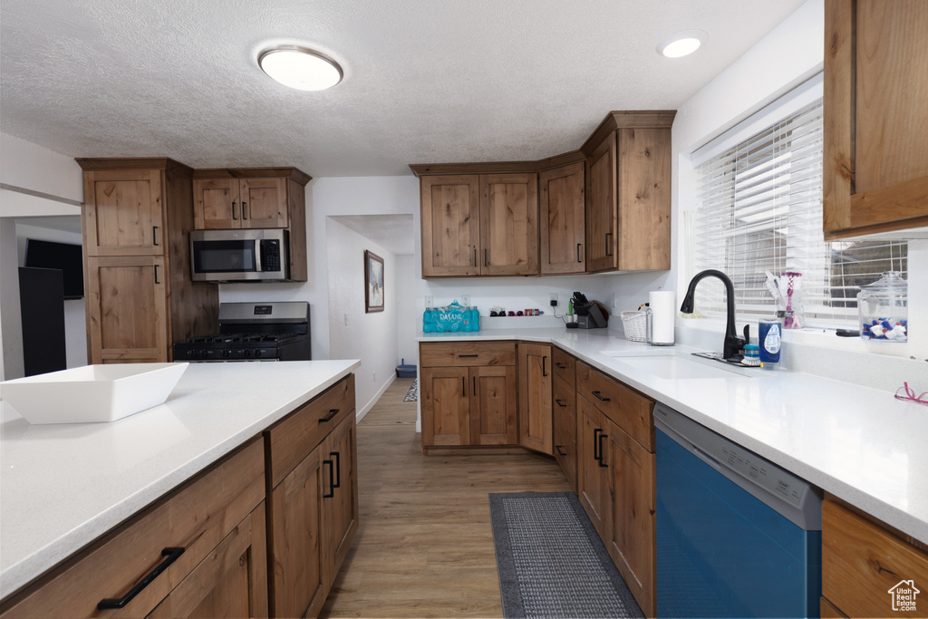 Kitchen with light wood-style floors, light countertops, and stainless steel appliances