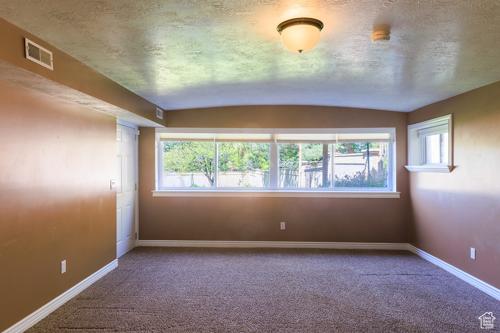 Carpeted spare room with baseboards, visible vents, lofted ceiling, and a wealth of natural light
