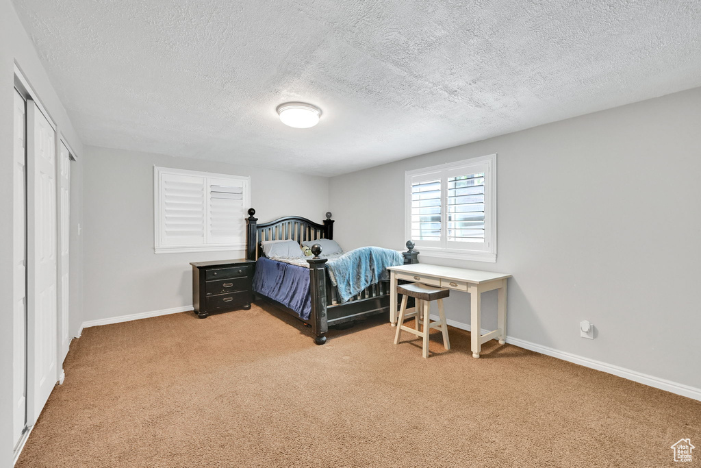 Bedroom featuring a textured ceiling, light carpet, baseboards, and a closet