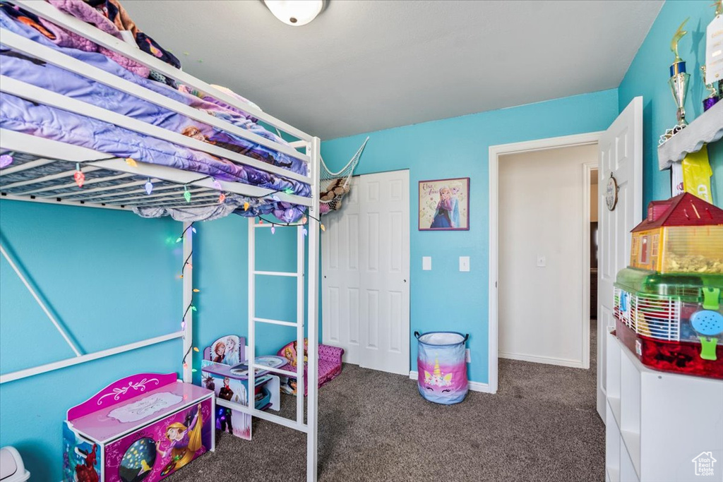 Carpeted bedroom featuring baseboards and a closet
