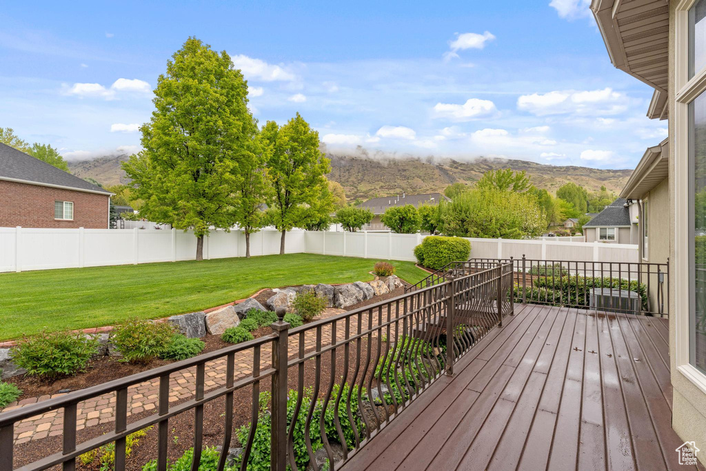 Wooden terrace featuring a lawn, a mountain view, and a fenced backyard