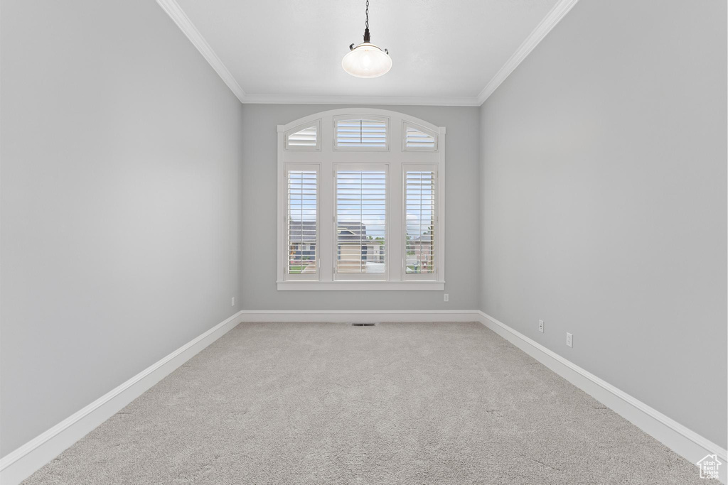 Empty room featuring crown molding, baseboards, and light colored carpet