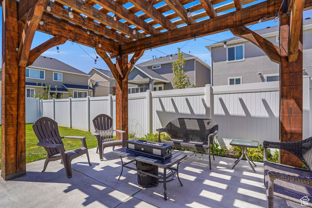 View of patio featuring a fenced backyard, a pergola, and a residential view