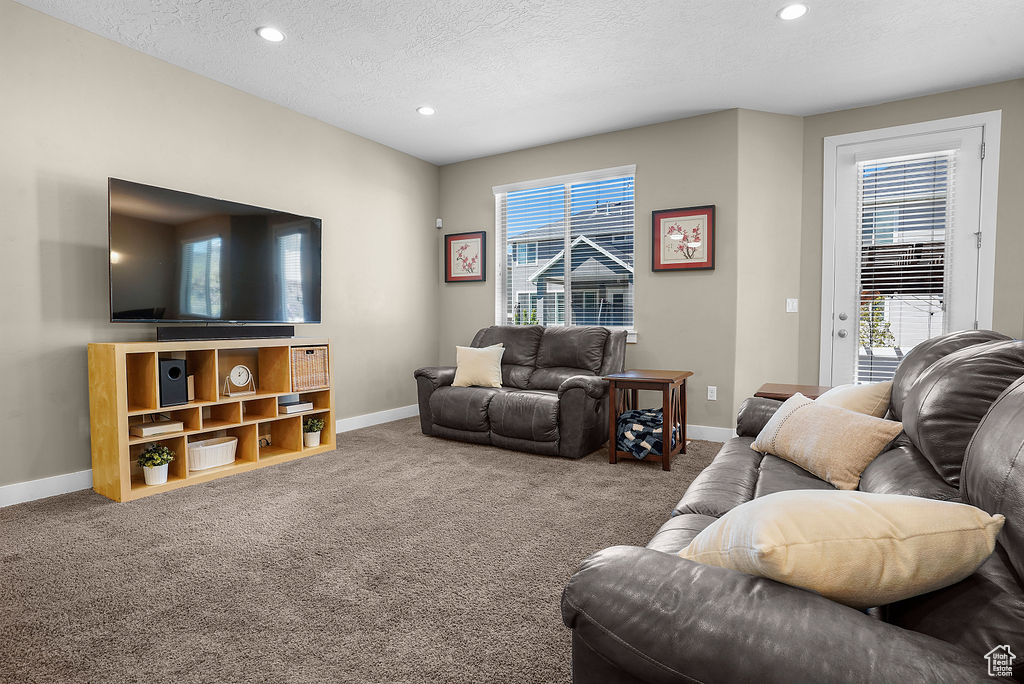 Carpeted living room with baseboards, recessed lighting, and a textured ceiling