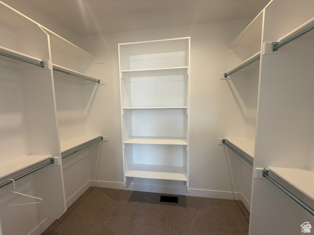 Walk in closet with light colored carpet and visible vents