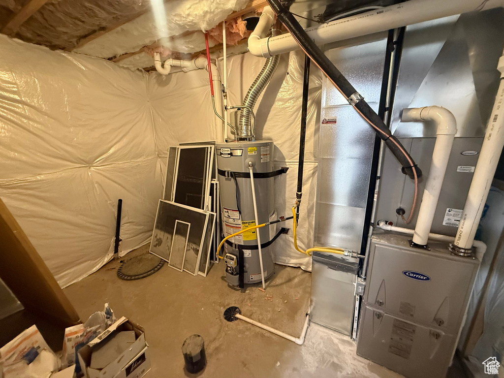 Utility room featuring secured water heater