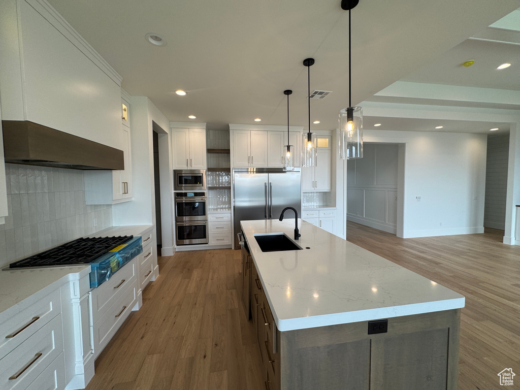 Kitchen with white cabinets, a sink, light wood-style floors, built in appliances, and decorative backsplash