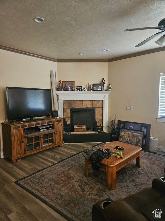 Living room with ornamental molding, wood finished floors, a fireplace, ceiling fan, and a textured ceiling