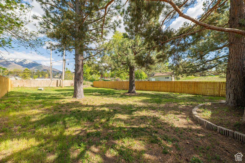 View of yard featuring a mountain view and a fenced backyard