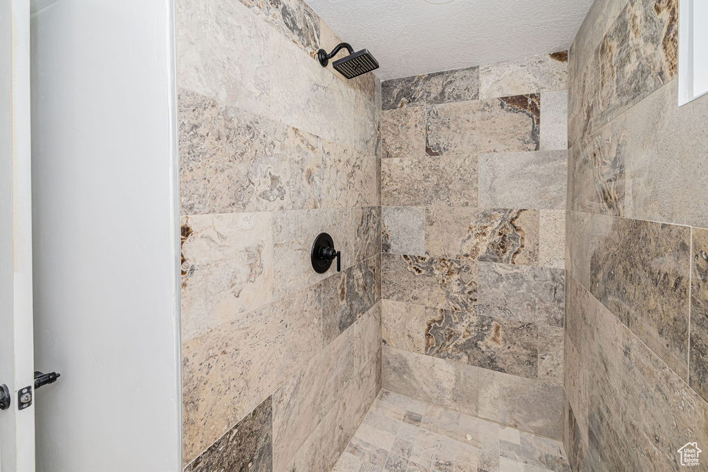 Interior details with a textured ceiling and a tile shower