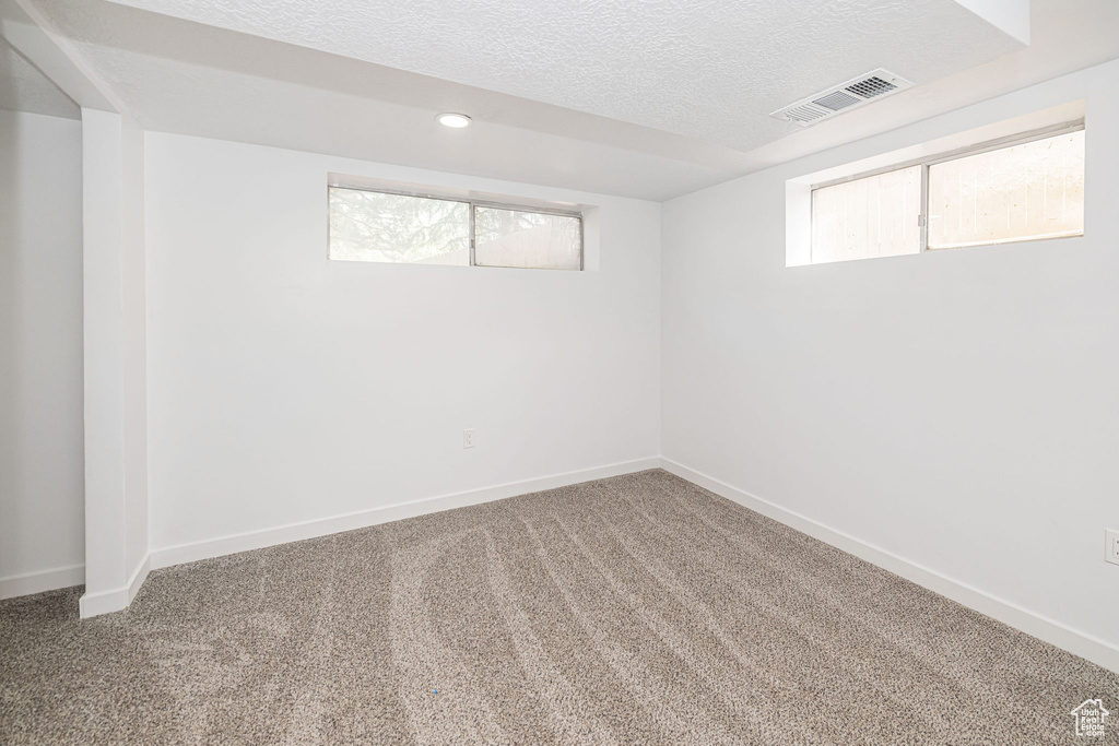 Below grade area with carpet floors, a textured ceiling, visible vents, and baseboards