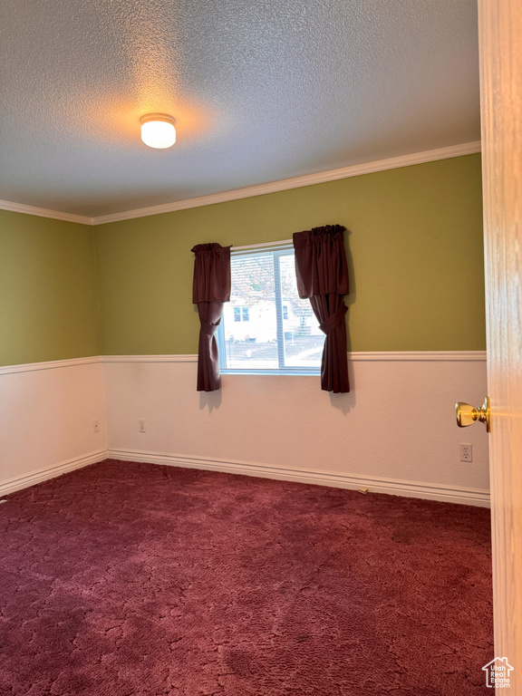 Empty room featuring crown molding, baseboards, dark carpet, and a textured ceiling
