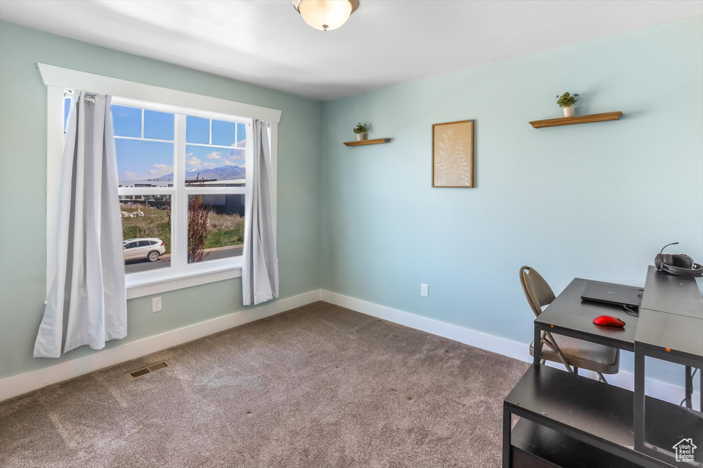 Office space featuring baseboards, carpet, and visible vents