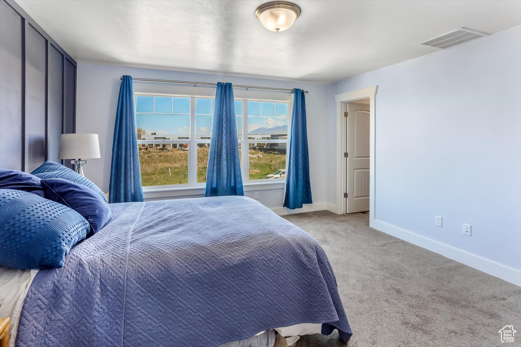 Carpeted bedroom featuring visible vents and baseboards
