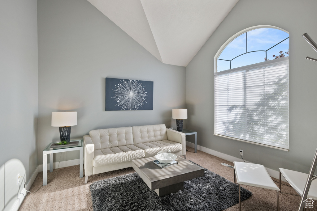 Living room with baseboards, visible vents, carpet, and lofted ceiling
