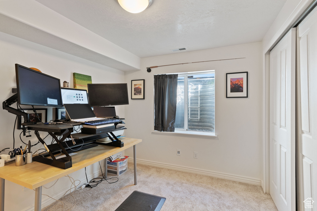 Office with carpet floors, baseboards, and visible vents