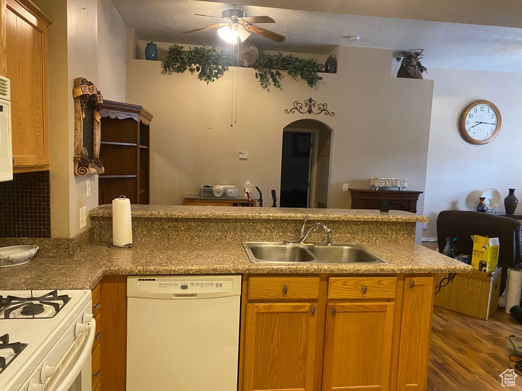 Kitchen featuring wood finished floors, a sink, ceiling fan, arched walkways, and white dishwasher