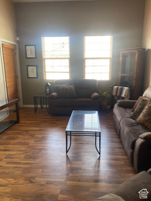 Living room with baseboards, wood finished floors, and a wealth of natural light