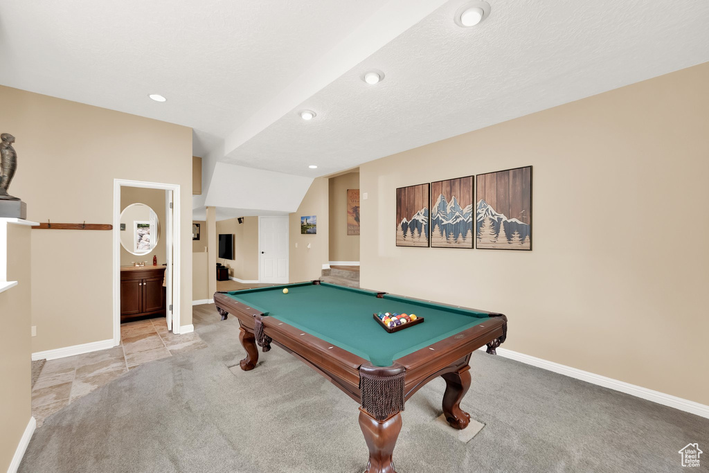 Game room featuring baseboards, pool table, recessed lighting, and light colored carpet