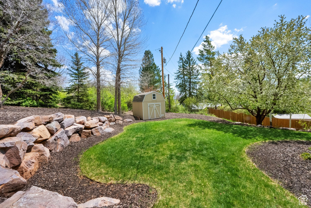 View of yard featuring a shed, an outbuilding, and fence