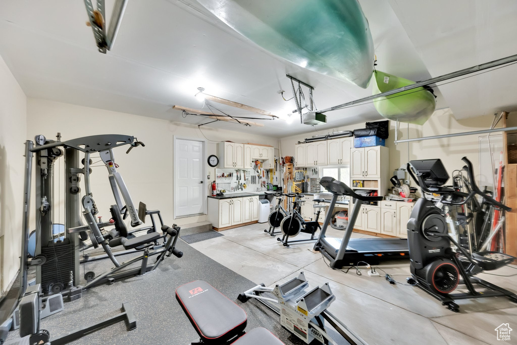 Workout area with a garage