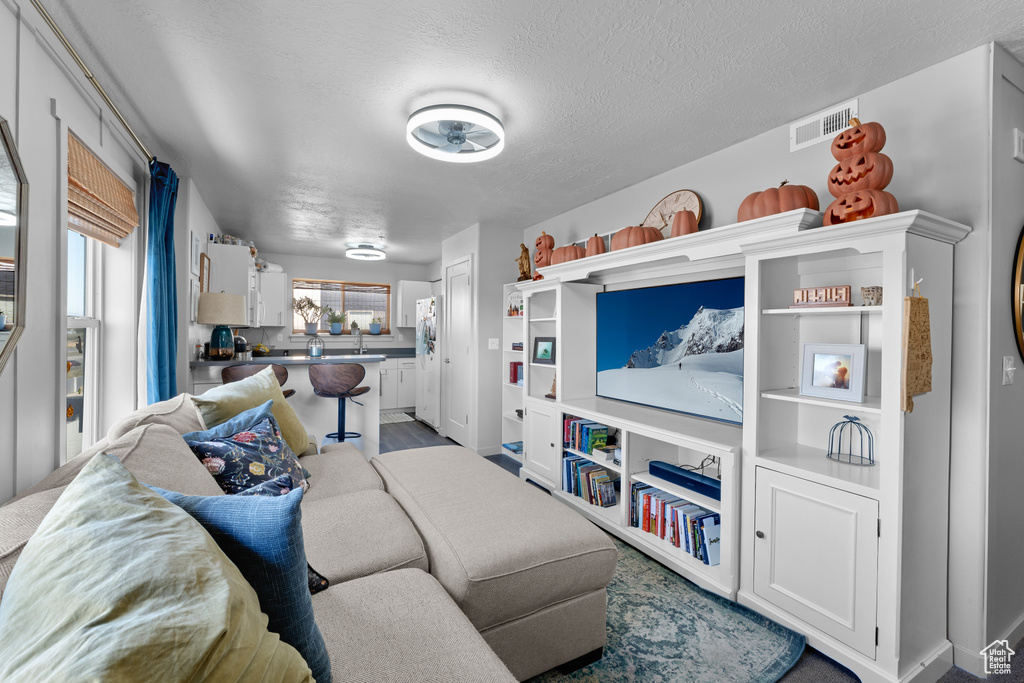 Living room with a textured ceiling and visible vents