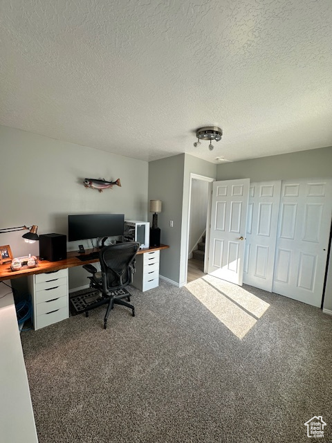 Carpeted home office with baseboards and a textured ceiling