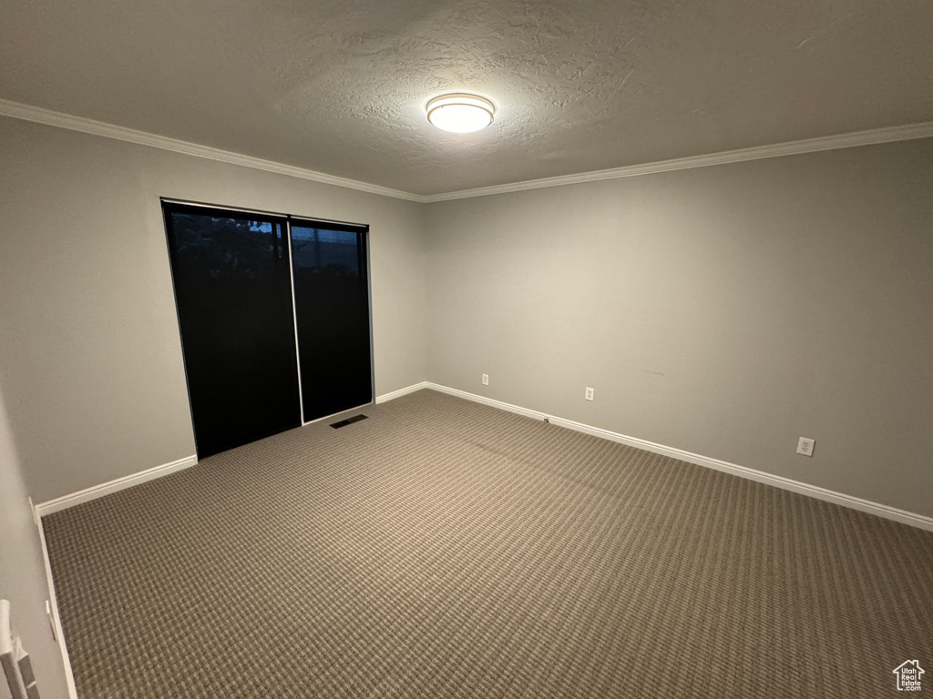 Interior space with crown molding, visible vents, dark colored carpet, baseboards, and a textured ceiling