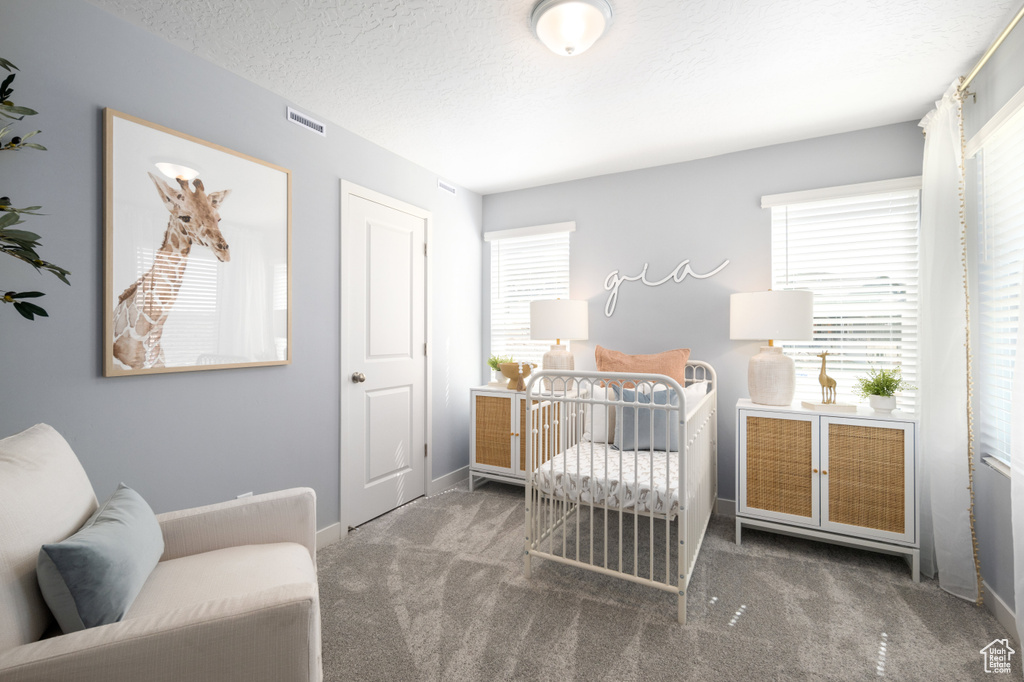 Bedroom with baseboards, multiple windows, carpet flooring, and visible vents