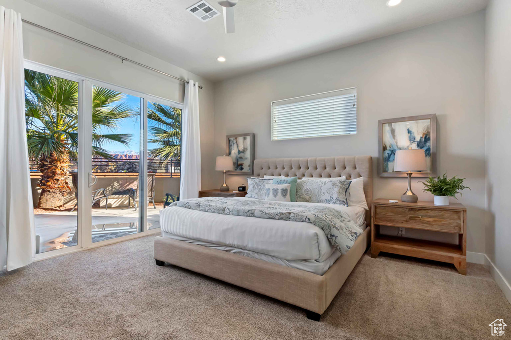 Bedroom with access to outside, carpet, recessed lighting, ceiling fan, and baseboards
