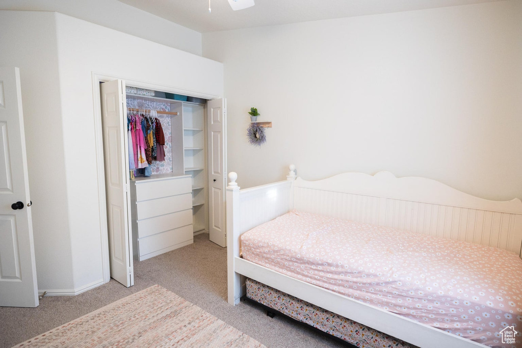 Carpeted bedroom with a wainscoted wall and a closet