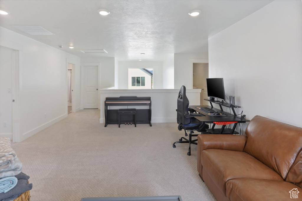 Office featuring recessed lighting, baseboards, and light colored carpet