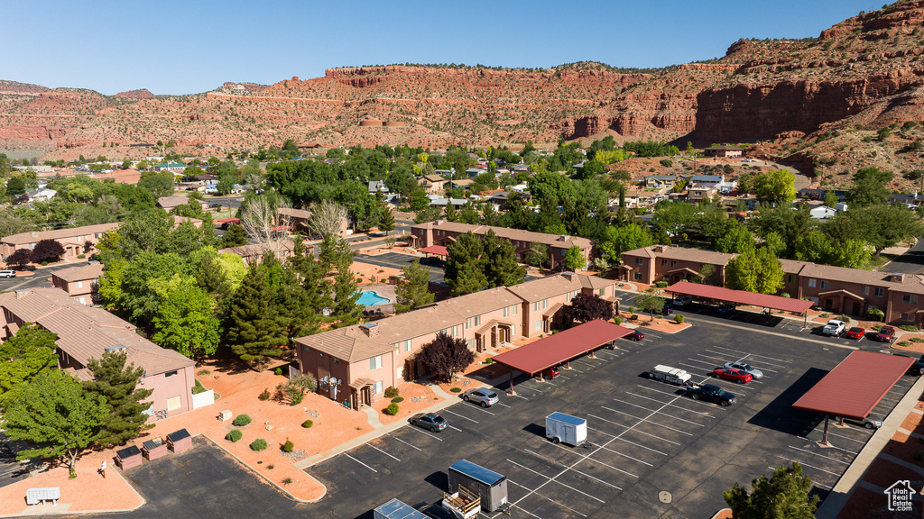 Aerial view of residential area with mountains