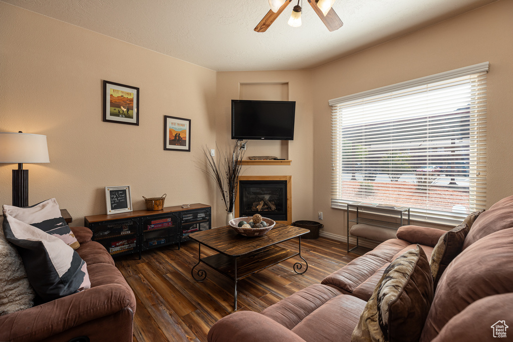Living room with wood finished floors, ceiling fan, a glass covered fireplace, and baseboards