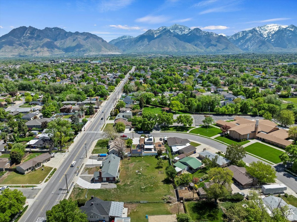 Aerial perspective of suburban area featuring mountains