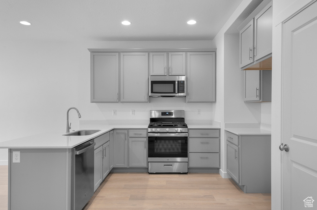 Kitchen with stainless steel appliances, gray cabinets, and a peninsula