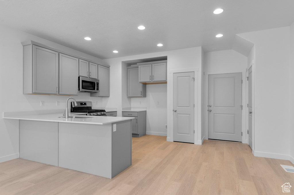 Kitchen featuring baseboards, gray cabinets, a peninsula, and stainless steel appliances