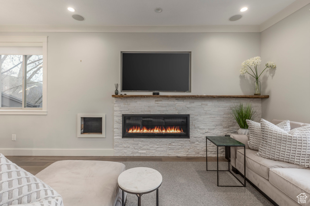 Living room with baseboards, recessed lighting, and a fireplace