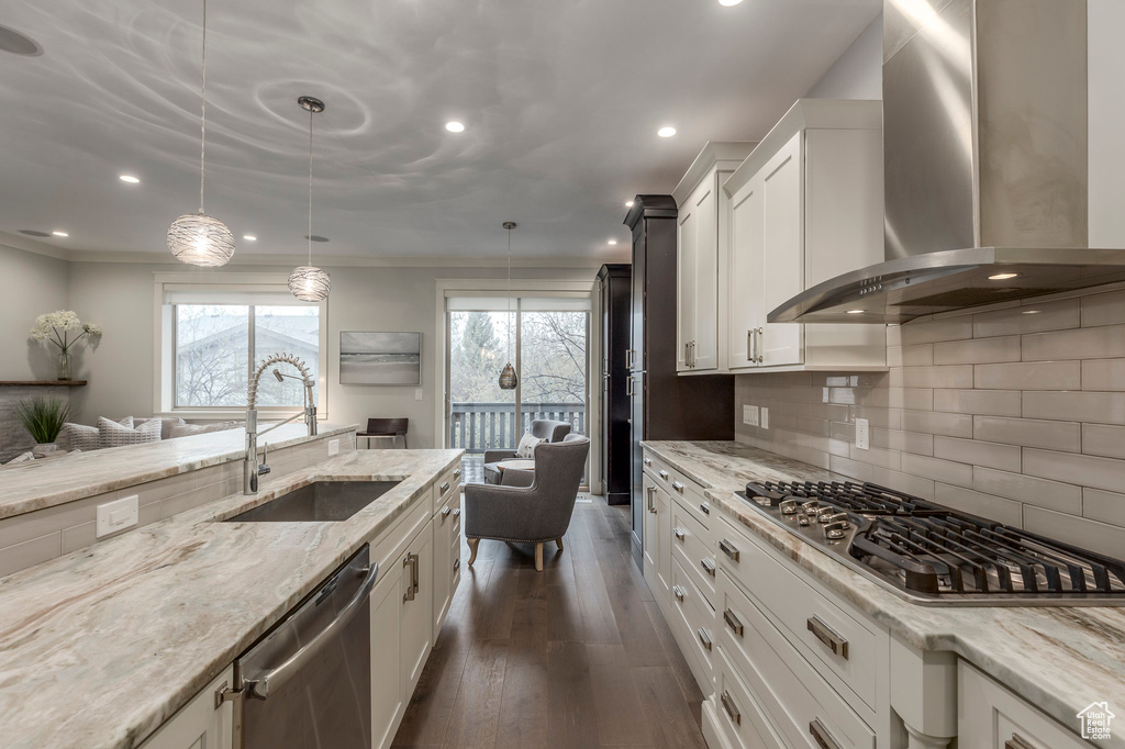 Kitchen featuring wall chimney range hood, recessed lighting, dark wood-type flooring, a sink, and stainless steel appliances