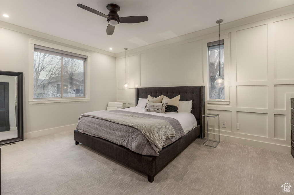 Bedroom featuring carpet floors, a ceiling fan, baseboards, and recessed lighting