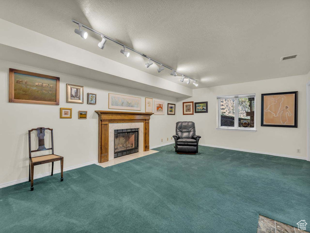 Living area with visible vents, rail lighting, a textured ceiling, and carpet floors