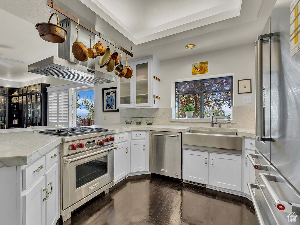 Kitchen with a sink, dark wood-style flooring, white cabinets, and premium appliances