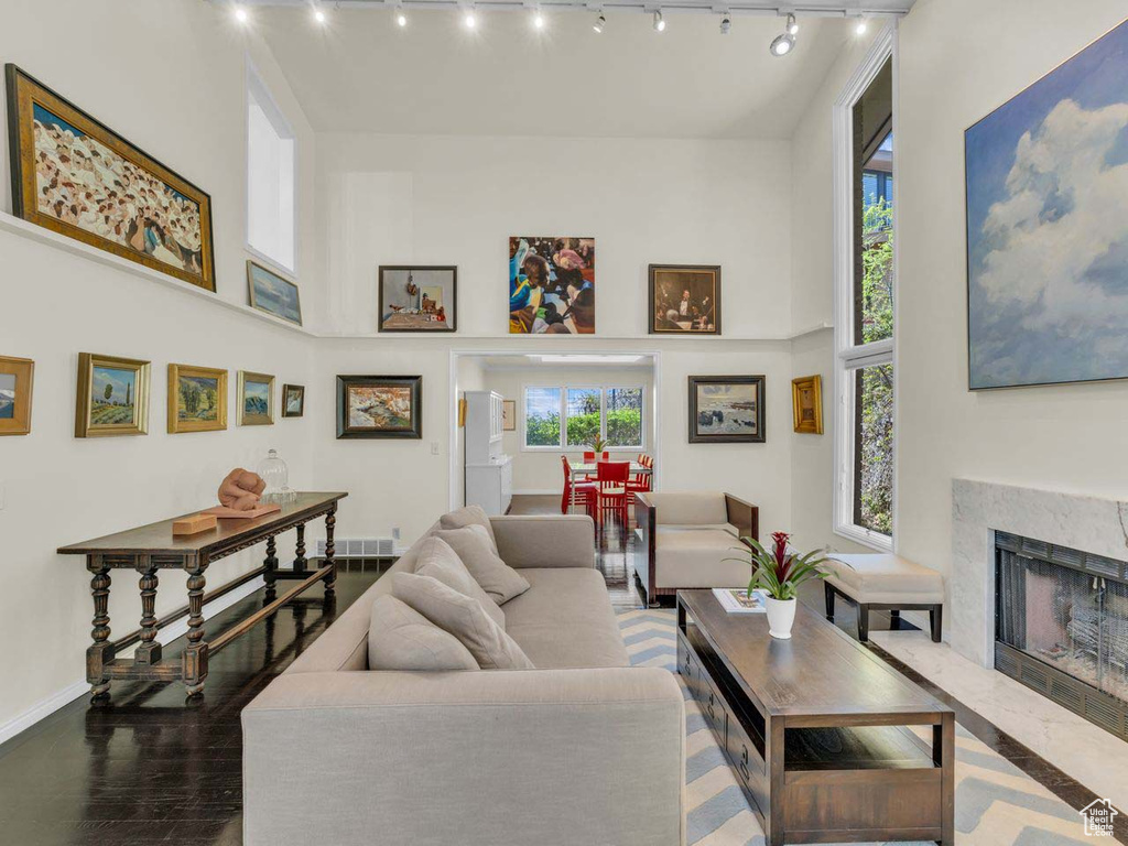Living area featuring plenty of natural light, rail lighting, and a high ceiling