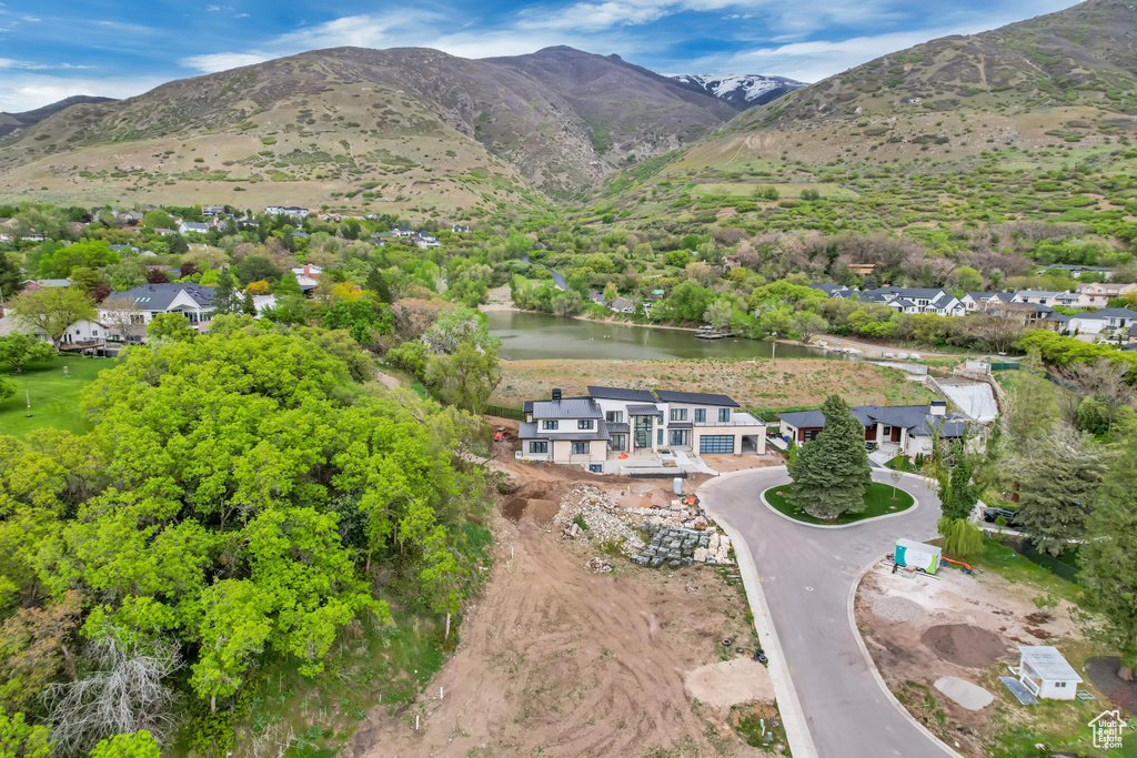 Aerial view with a water and mountain view