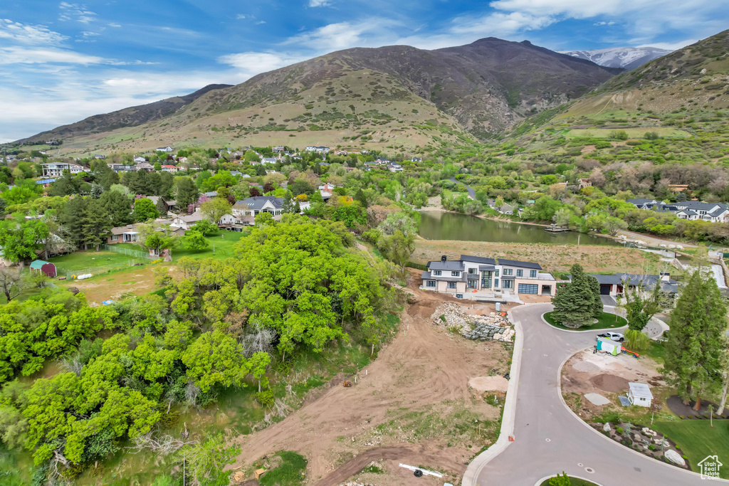 Bird\'s eye view featuring a water and mountain view