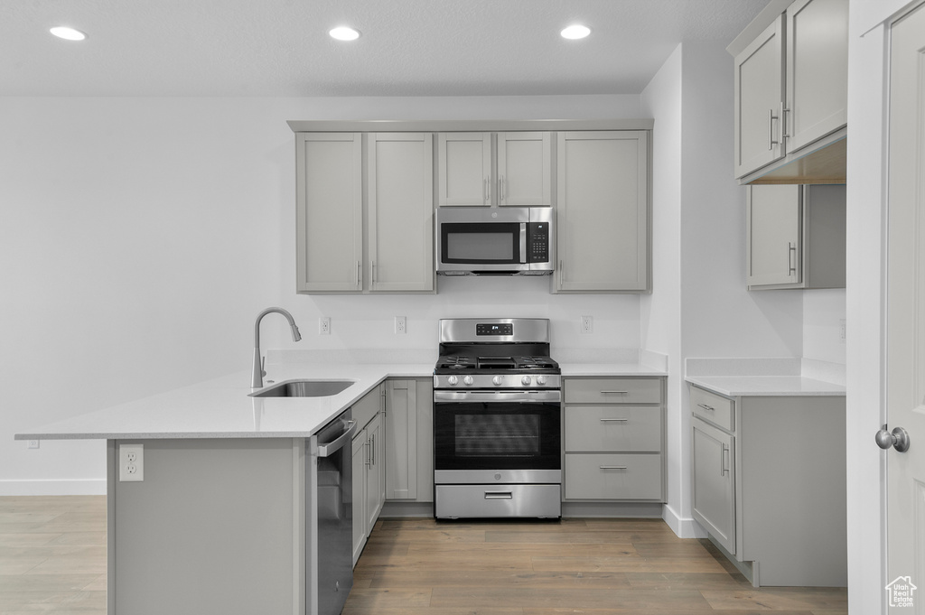 Kitchen featuring a sink, gray cabinetry, a peninsula, stainless steel appliances, and light wood-style flooring