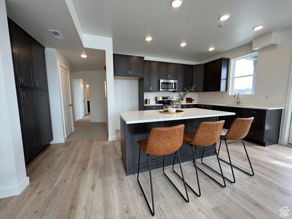 Kitchen with appliances with stainless steel finishes, a center island, light countertops, a sink, and light wood finished floors