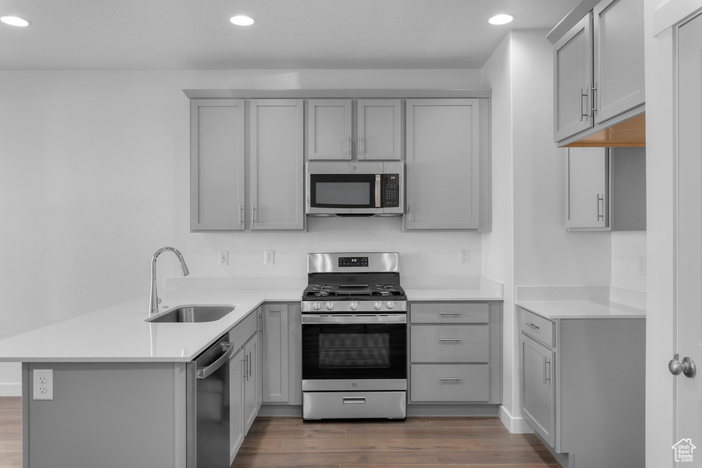 Kitchen with gray cabinets, a sink, a peninsula, stainless steel appliances, and recessed lighting