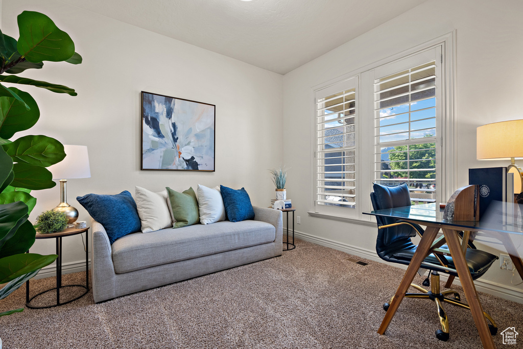 Home office featuring carpet flooring, baseboards, and visible vents