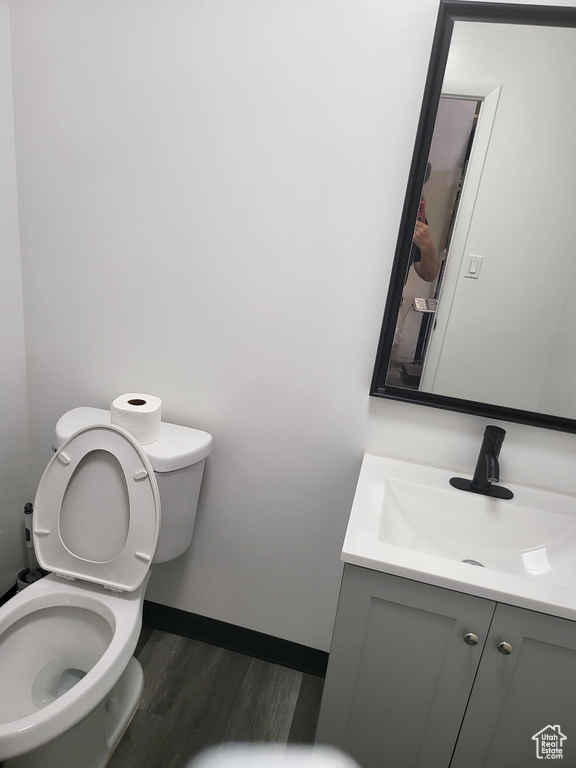 Bathroom featuring vanity, baseboards, wood finished floors, and toilet